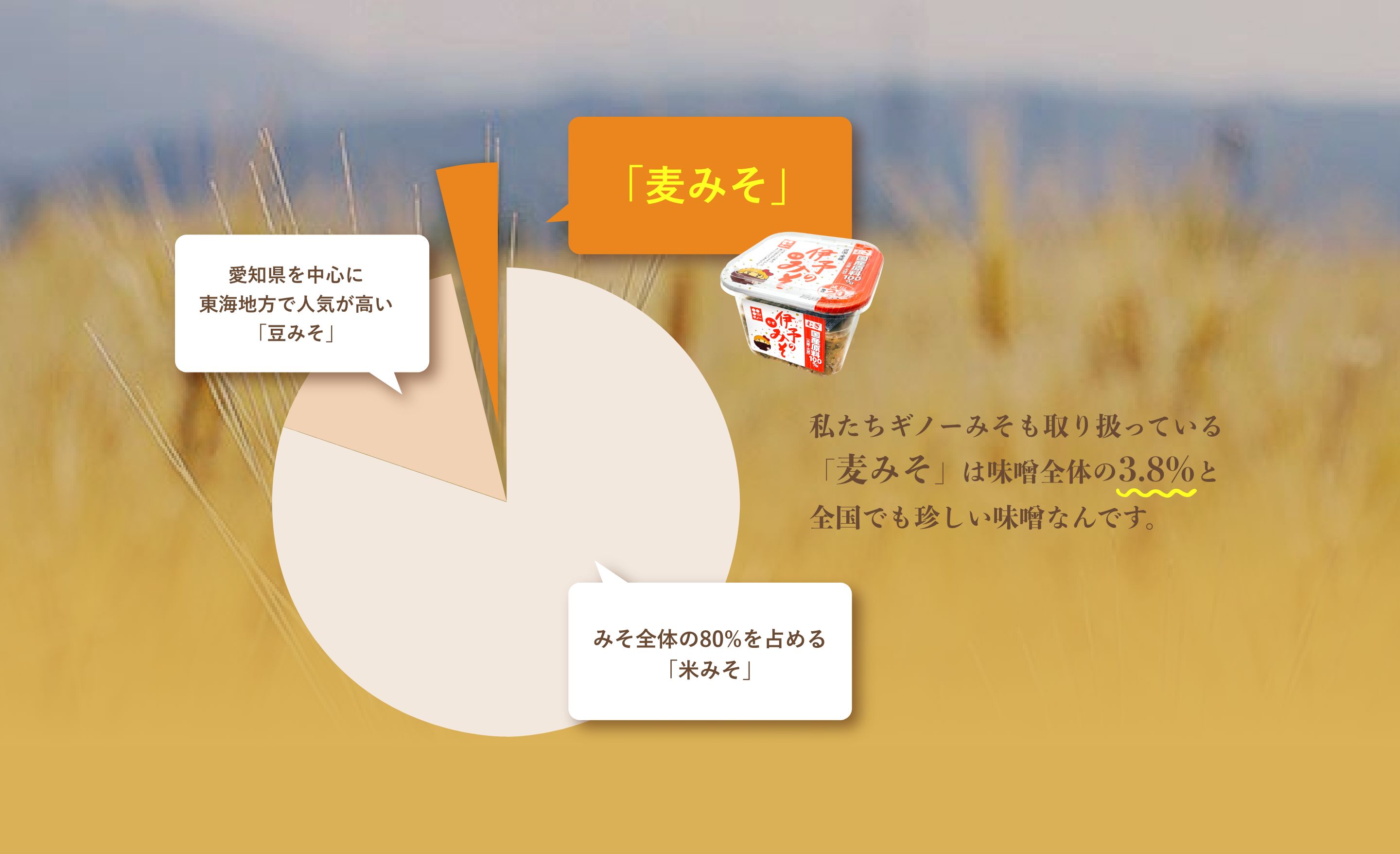 私たちギノーみそも取り扱っている「麦みそ」は味噌全体の3.8%と全国でも珍しい味噌なんです。