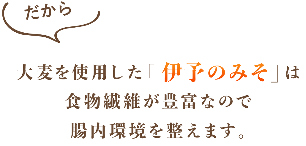 だから大麦を使用した「伊予のみそ」は食物繊維が豊富なので腸内環境を整えます。